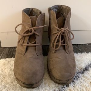Lace Up Wedge Booties, Dark Tan, size 7